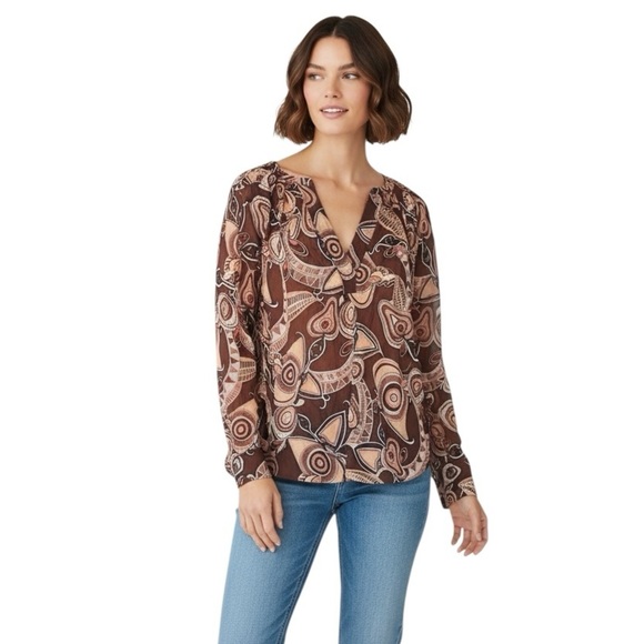 A.L.C. Brown Abstract Pattern Long Sleeve Split V-Neck Nomad Top Size 8 - Picture 2 of 5